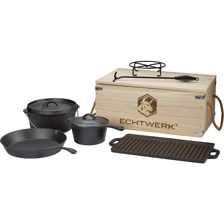Echtwerk 7-teiliges Dutch Oven Set aus Gusseisen in Holzkiste, Kochtopf-Set aus verschiedenen Größen mit Kochtopf, Stieltopf, Grillplatte, Pfanne, Deckelheber und Untersetzer zum Kochen und Braten – Bild 1