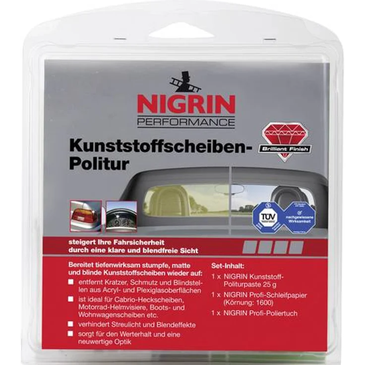 NIGRIN 73914 RepairTec Acryl-und Plexiglas Politur-Set: 1 x Kunststoff-Politurpast, 1 x Schleifpapier, 1 x Poliertuch – Bild 1
