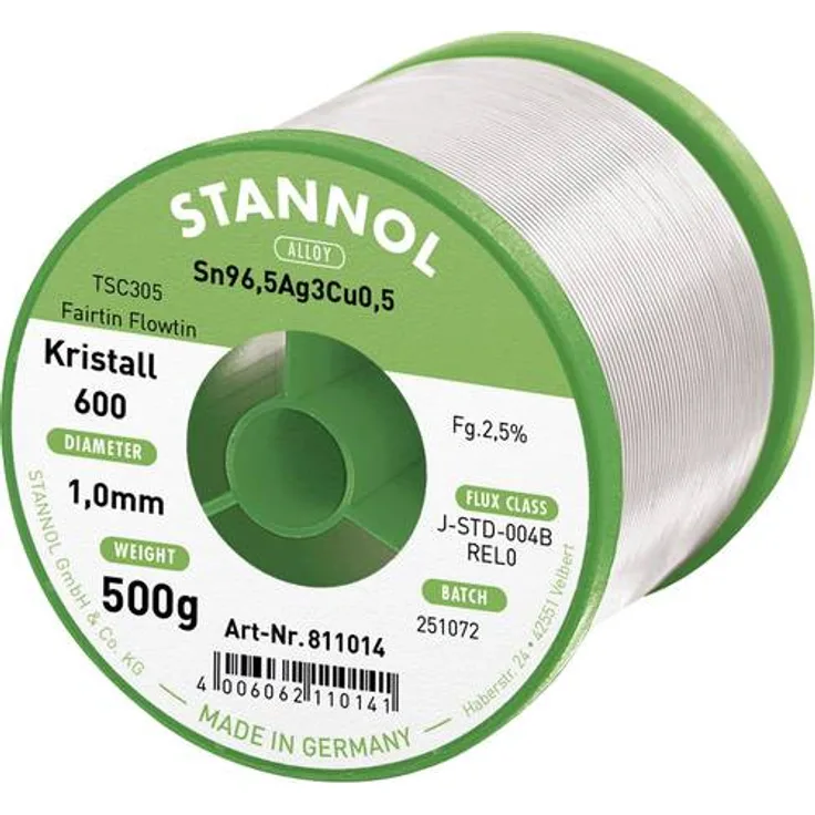 Stannol 811014 FLOWTIN TSC305 Fairtin Kristall 600 Lötdraht, 1mm Durchmesser, 500g Spulen