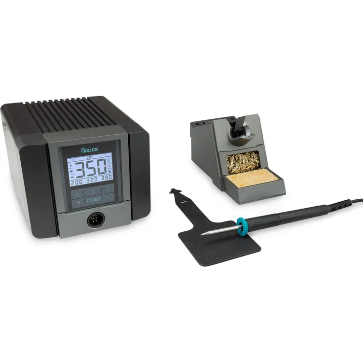 Quick TS1200 digital regelbare ESD 120 Watt inkl. Lötkolben mit 1 mm Rapid-Kartuschen-Lötspitze und Zubehör SMD Lötstation für Industrie, Labor, Schule und Hobby in 7 s auf 350 °C