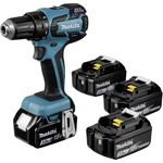 Makita DDF459RF4J Akku-Bohrschrauber 180 V - 3 Ah mit 4 Akkus und Ladegerät im Makpac, 250 W, 18 V, türkisschwarz, mit 4X 3,0