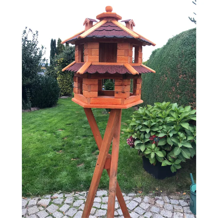 Vogelvilla XL Futterstelle Sechseck Doppelstock Holz Vogelhaus+Ständer Braun-Rot