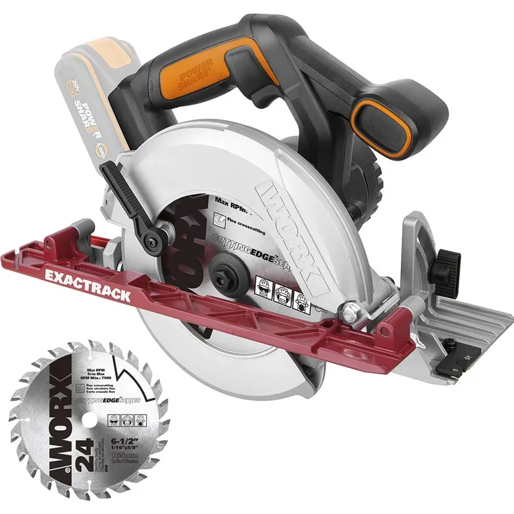 Worx WX530.9 Akku-Handkreissäge, Profi Kreissäge mit Absaug-Adapter, Ideal auch für Schnitte auf Gehrung, PowerShare kompatibel, ohne Akku und Ladegerät