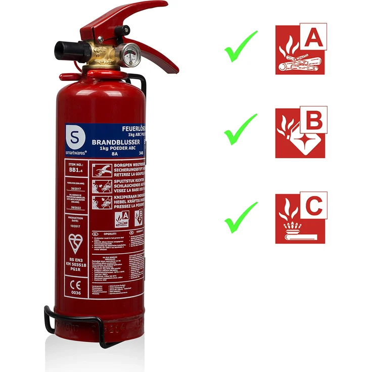Smartwares ABC Feuerlöscher 1 Kg-Pulverlöscher mit Halterung und Manometer, 1kg, SW BB1 – Bild 1