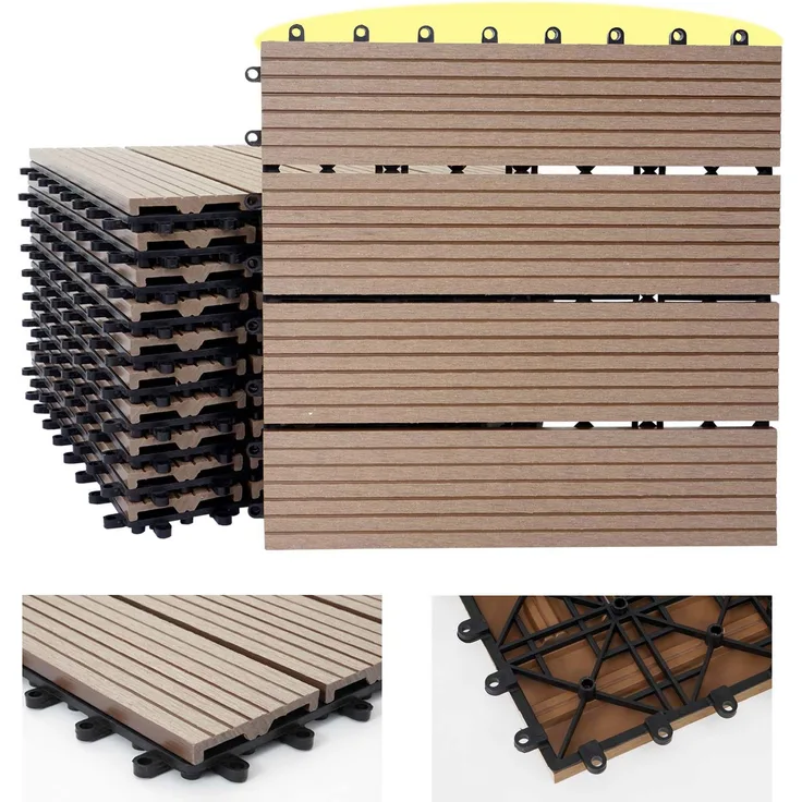WPC Bodenfliese Rhone, Holzoptik Balkon-Terrasse, 11x je 30x30cm 1qm Basis, teak linear