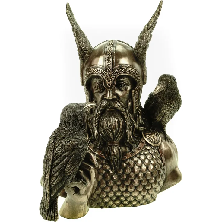 Veronese Odinbüste Odin mit Raben Hugin und Munin bronziert 23 cm Figur Skulptur
