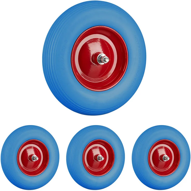 4 x Schubkarrenrad Vollgummi mit Achse, 4.80 4.00-8 Gummirad, pannensicher, 100kg Tragkraft Ersatzrad, blau-rot