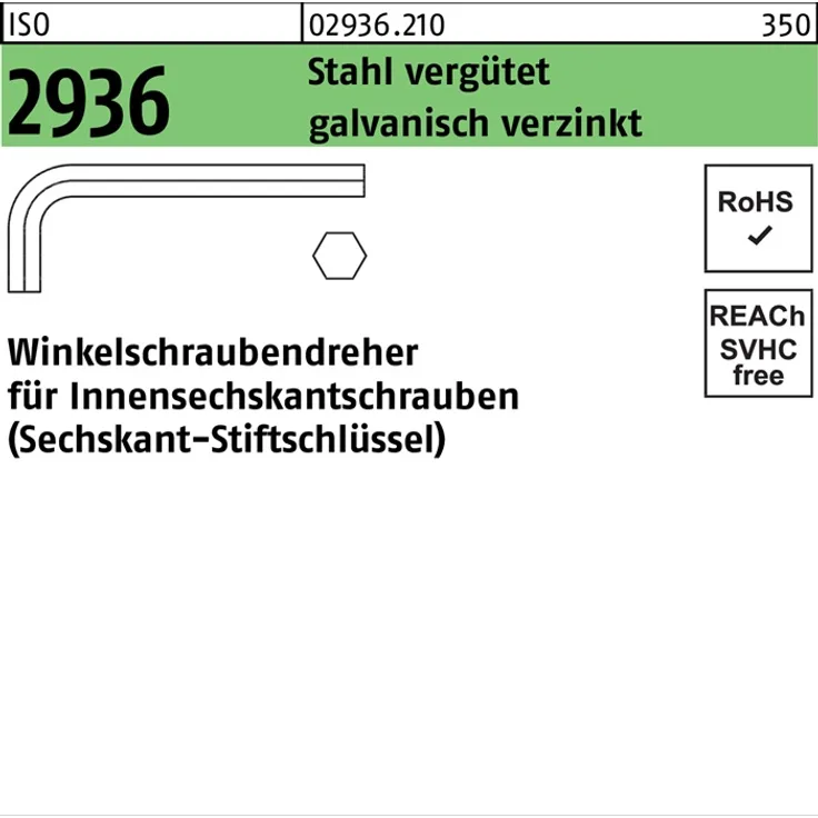 DIVERSE Winkelschraubendreher ISO 2936 Innen-6-kant SW 4 Stahl vergütet galvanisch verzinkt