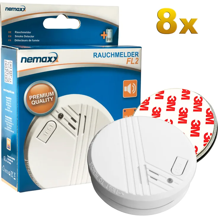 8X Nemaxx FL2 Rauchmelder - hochwertiger Rauchwarnmelder nach EN 14604 mit sensibler fotoelektrischer Technologie 8X Nemaxx Magnethalterung