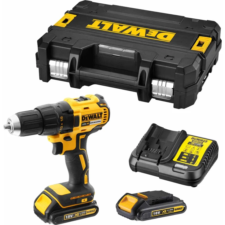 Dewalt Akku-Bohrschrauber (18V, 1.5 Ah, bürstenlos, mit Zwei-Gang-Vollmetallgetriebe, 15 Drehmomentstufen, zwei Akkus, System-Schnellladegerät und Tstak-Box) DCD777S2T – Bild 1
