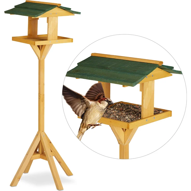 Relaxdays Vogelhaus mit Ständer, stehendes Vogelhäuschen für Garten u. Balkon, großes Vogelfutterhaus, 117 cm, natur-grün