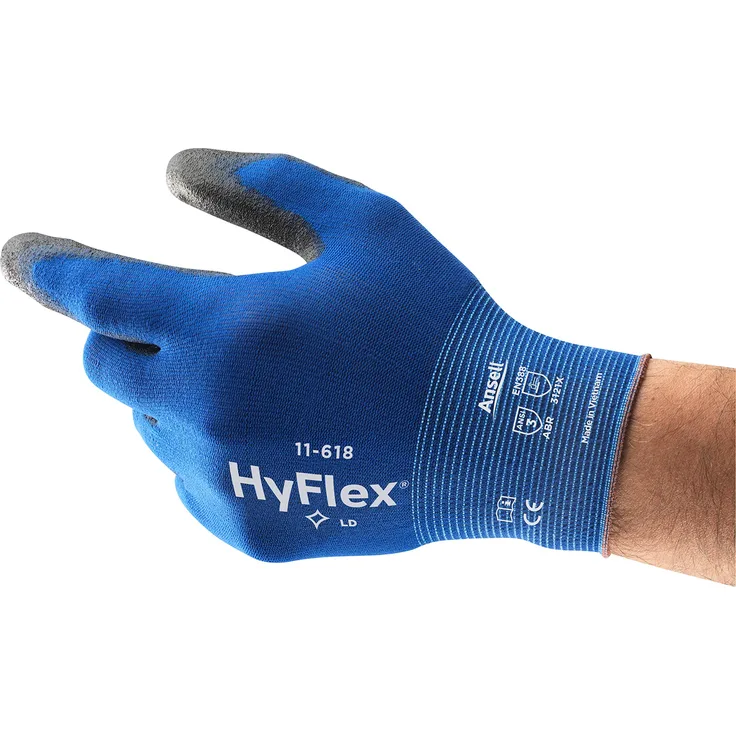 Ansell HyFlex 11-618 Arbeitshandschuhe aus Nylon, Extrem Dünn, Vielseitig Einsetzbarer Mechanikschutz-Handschuh, Blau Schwarz Größe 9