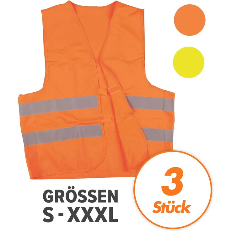 Warnweste, Sicherheitsweste, Pannenweste mit Reflexstreifen EN ISO 20471 - 2 Farben in S, M, L, XL, XXL, XXXL VPE = 3 Stück