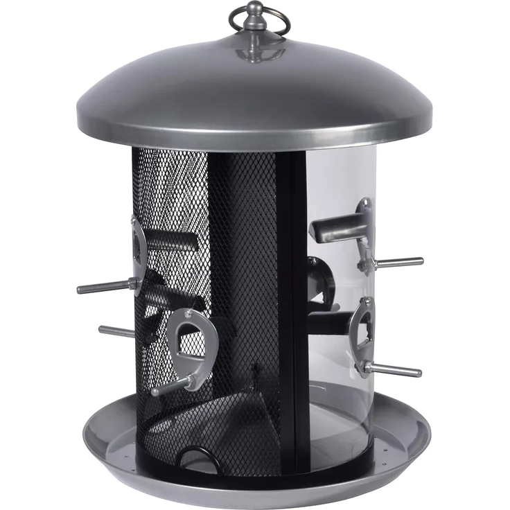 Dobar 19981 Große Futtersäule mit Kammern und Anflugstangen, Wildvogel-Futterstation zum Aufhängen, 24,5 24,5 34,5 cm, Metall, Silber