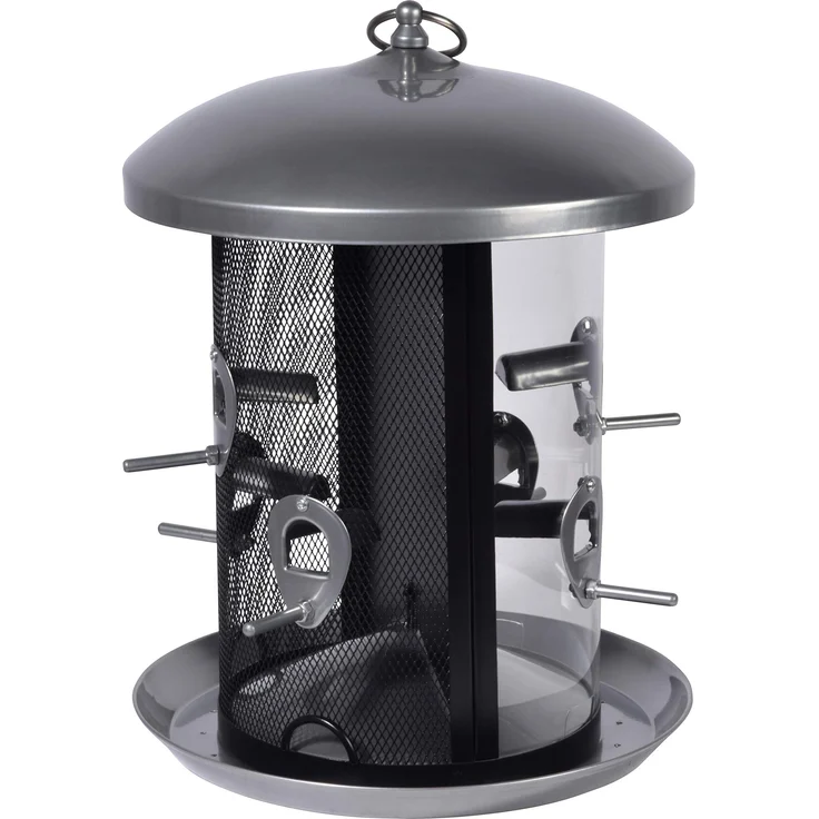 Dobar 19981 Große Futtersäule mit Kammern und Anflugstangen, Wildvogel-Futterstation zum Aufhängen, 24,5 24,5 34,5 cm, Metall, Silber