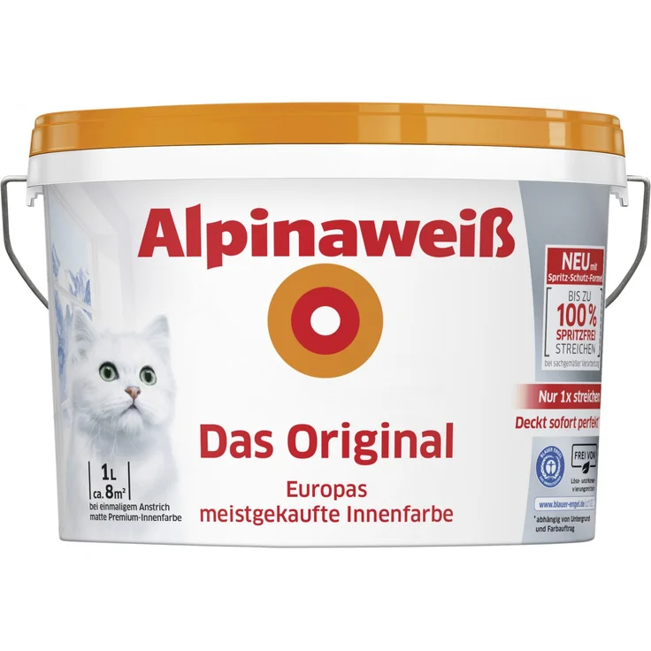 Alpinaweiß Das Original 1 l weiß matt Innenfarbe Deckvermögen Klasse 1, Nassabriebbeständigkeit Klasse 2 – Bild 1