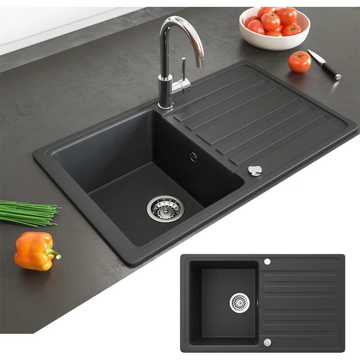 Bergström Granit Verbundspüle Küchen Einbau Auflage Spüle+Drehexcenter+Siphon Spülbecken Schwarz