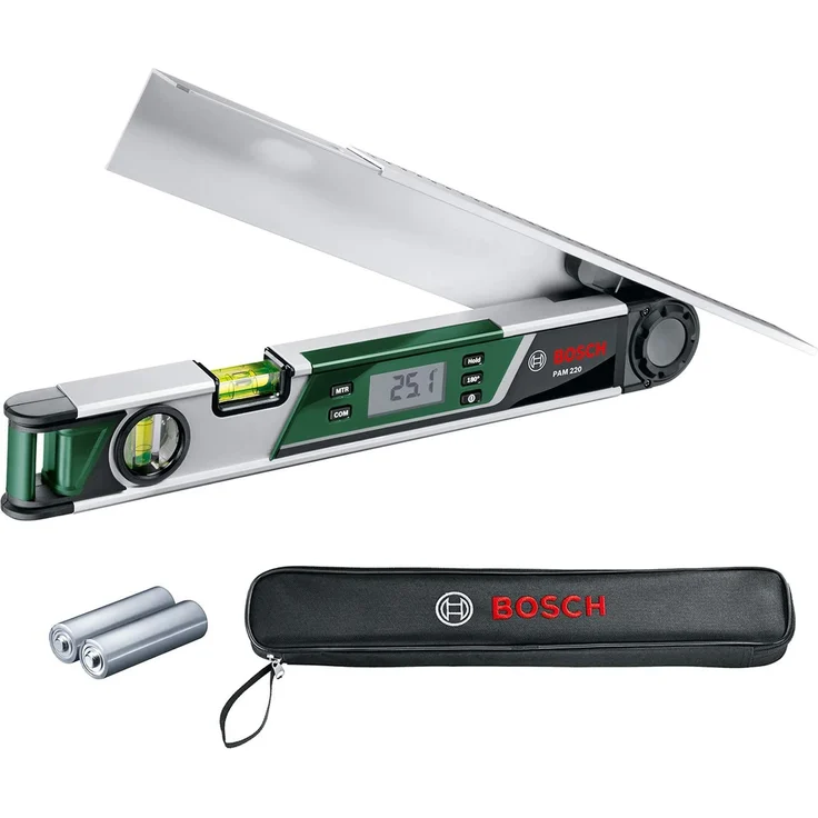 Bosch PAM 220 digitaler Winkelmesser LED Anzeige integrierte Rechenfunktion (0° - 220° Messbereich, +-- 0,2° Messgenauigkeit, in Schutztasche inklusive Batterien) – Bild 2