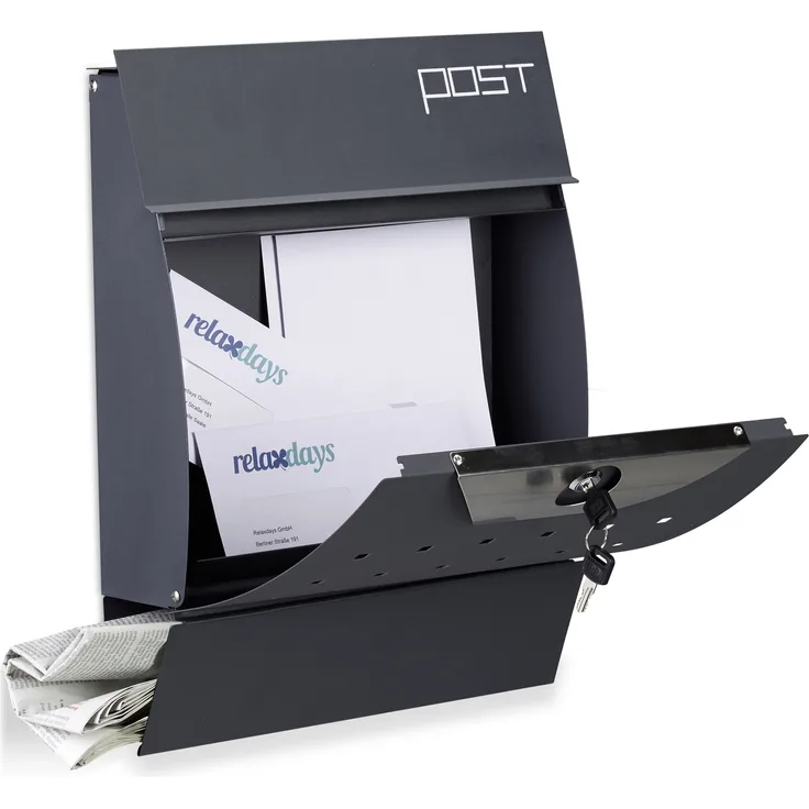 Relaxdays Design Briefkasten mit Zeitungsfach, Pulverbeschichtet, HxBxT: 37,5 x 35 x 10,5 cm, Wandbriefkasten, anthrazit