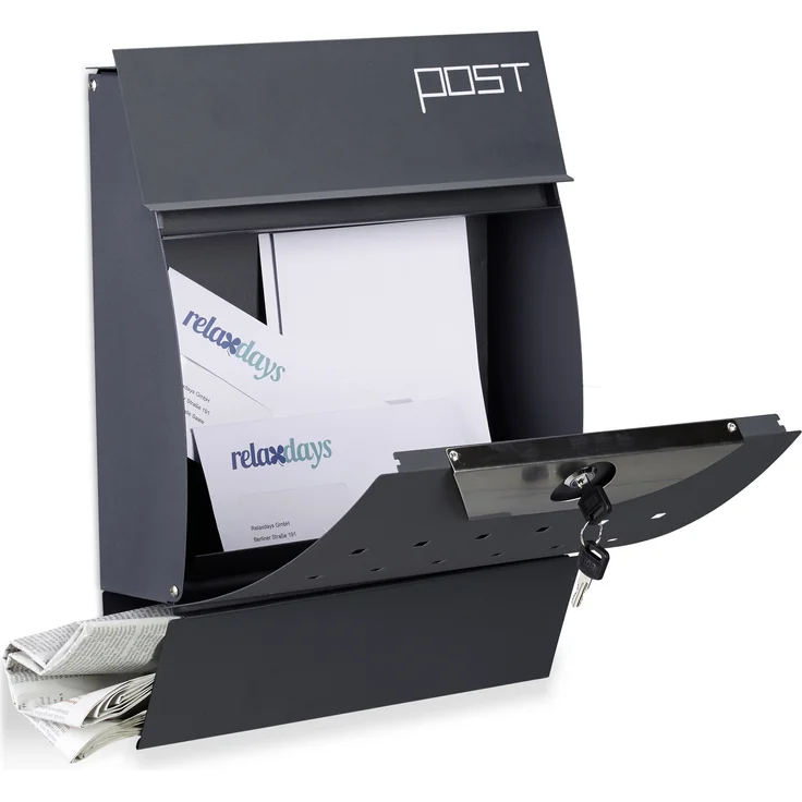 Relaxdays Design Briefkasten mit Zeitungsfach, Pulverbeschichtet, HxBxT: 37,5 x 35 x 10,5 cm, Wandbriefkasten, anthrazit