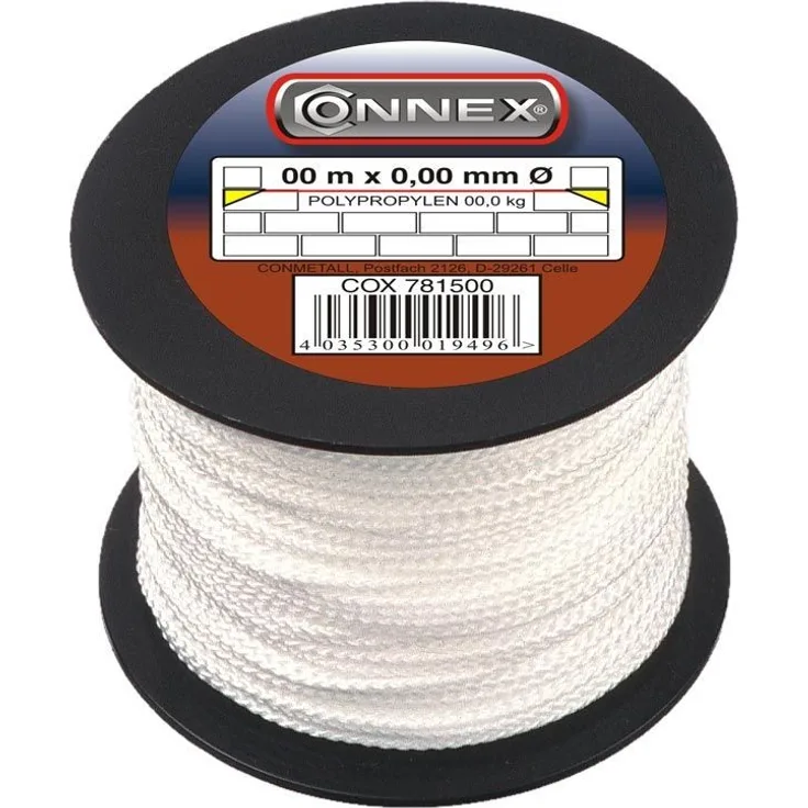 Connex Maurerschnur weiß - 100 m Länge - Ø 1,7 mm - Polypropylen geflochten - Knotenfest - Reißfest & Belastbar - Auf Spule - Richtschnur - Bauschnur - Lotschnur - Pflasterschnur - COX781545