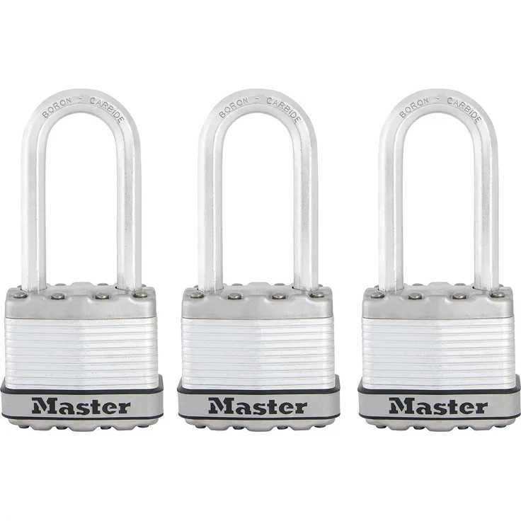 MASTER LOCK Hochsicherheits Vorhängeschloss [Schloss mit Schlüssel] [Laminiertem Stahl] [Wetterfest] [Länger Bügel] [3er-Pack] M1EURTRILH - Ideal für Lagerräume, Lagerschuppen, Garagen, Zäune