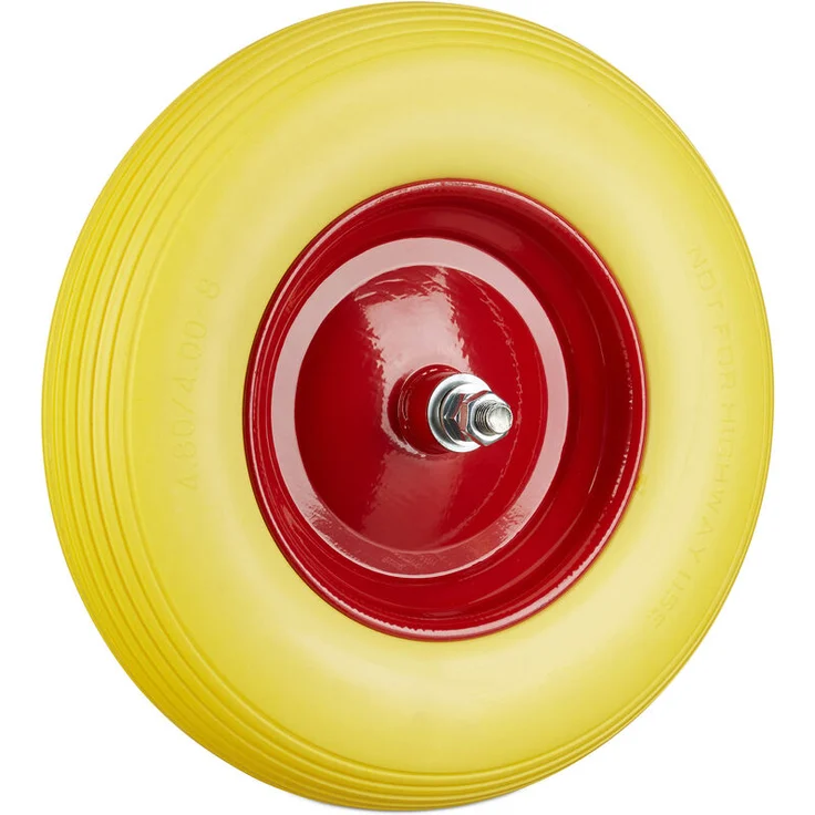 Relaxdays Schubkarrenrad Vollgummi mit Achse, 4.80 4.00-8 Gummirad, pannensicher, 100 kg Tragkraft Ersatzrad, gelb-rot – Bild 1