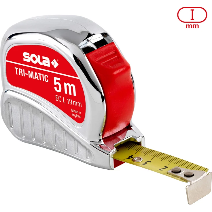 SOLA Bandmaß - TRI-MATIC - 5m - 19mm - Profi-Taschenbandmaß mit Gürtelclip - Stahlband, gelb lackiert mit mm Skala - Genauigkeitsklasse I - Rollmeter mit beweglichem Endhaken - Länge 5m-19mm – Bild 1