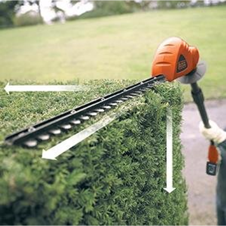 Black+Decker Akku-Stabheckenschere (18V 2,0Ah Li-Ion, 43 cm Schwertlänge, 12 mm Schnittbreite, 3,5 m Reichweite um 180° in 5-Positionen verstellbarer Kopf) GTC1843L20 – Bild 4