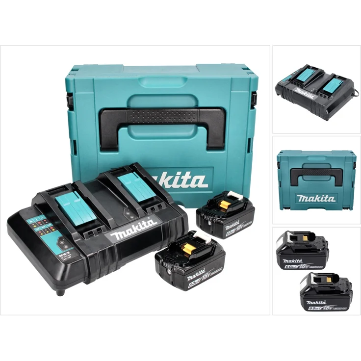 Makita BL1860B Akku-Set Li-Ion 18V LXT 6 Ah mit Ladestandsanzeige 2 Akku mit Doppellladegerät DC18SH mit Makpac – Bild 1