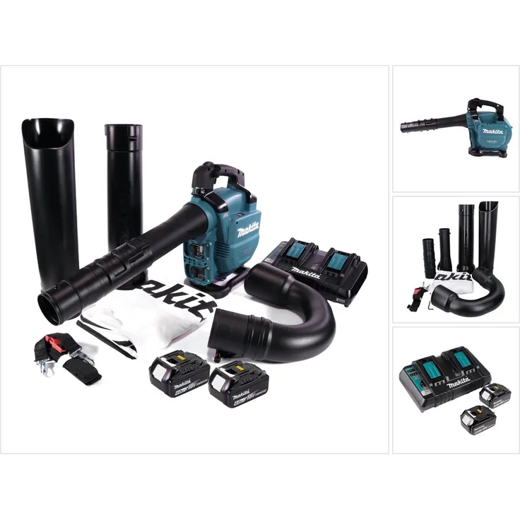 Makita DUB 363 PG2V Akku Gebläse - Laubsauger 36 V ( 2x 18 V ) Brushless plus Absaug Set plus 2x Akku 6,0 Ah plus Doppelladegerät Laubbläser