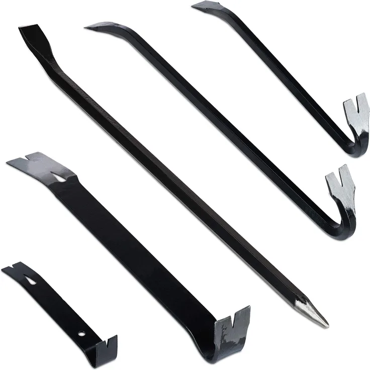 Relaxdays Brecheisen Set 5-teilig, Brechstange sechskant, Nageleisen groß, Kuhfuß lang, Montierhebel, aus Stahl, schwarz