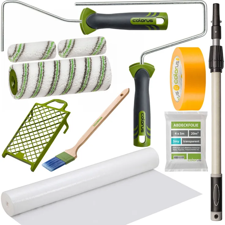 Colorus - Premium Maler Set Wohnung 11 tlg | Maler-Set Farbroller Teleskopstange | Malerrolle Farbrolle Set | Abdeckvlies selbsthaftend |