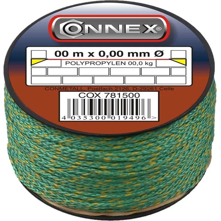 Connex Maurerschnur grün - 100 m Länge - Ø 1,0 mm - Polypropylen geflochten - Knotenfest - Reißfest & Belastbar - Auf Spule-Richtschnur-Bauschnur-Lotschnur-Pflasterschnur - COX781560