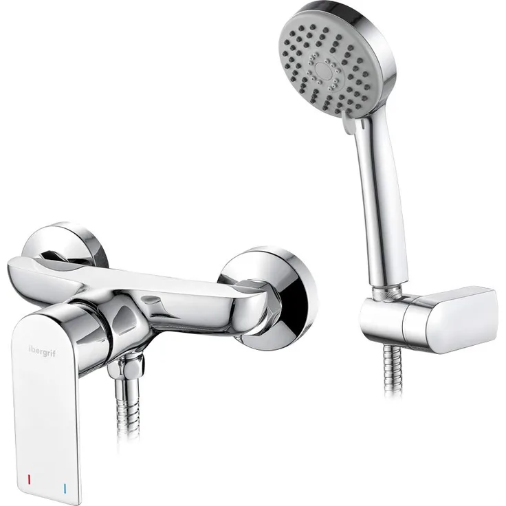 IBERGRIF M12002 Supreme, Duscharmatur Set, Brausebatterie mit Duschkopf, Duschkopfhalter, und Brauseschlauch, Chrom, Silber