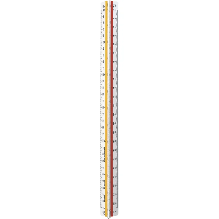 Rotring Dreikant-Maßstab Architekt(A) aus Kunststoff, weiß Präzisionsteilung doppelt beziffert, Dimensionsangaben in Zentimetern und Metern, mit 2 farbigen Hohlkehlen, Teilung: 1:10, 1:20, 1:25, 1:50, 1:75, 1:100, 1:125, 1:200, 1:250, 1:500, 1:750, 1:1250
