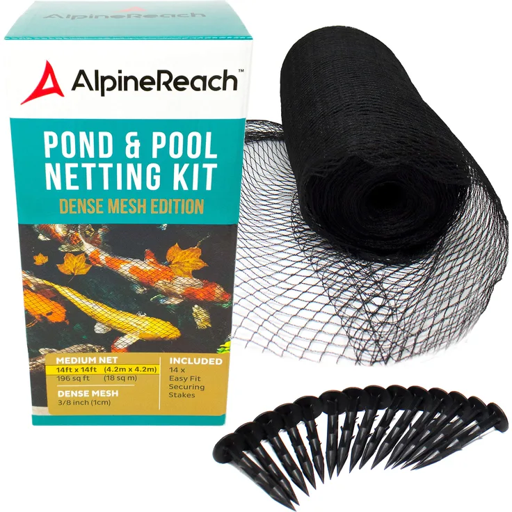AlpineReach Koi-Teichnetz-Set – dichtes, feines Netz, strapazierfähig, dehnbar, für den Pool – schützt Koifische vor Blaureiher, Vögeln, Katzen, Raubfische, UV-Schutz, inklusive Stangen 14x14ft schwarz