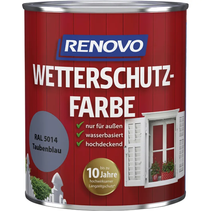 Renovo - Wetterschutzfarbe für außen, 0,75 l, Blau, seidenglänzend - blau 4006559101591