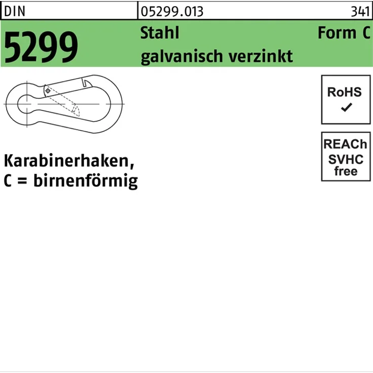 DIVERSE Feuerwehrkarabinerhaken DIN 5299 Form C birnenförmig C 70 x 7 Stahl galvanisch verzinkt galvanisch verzinkt