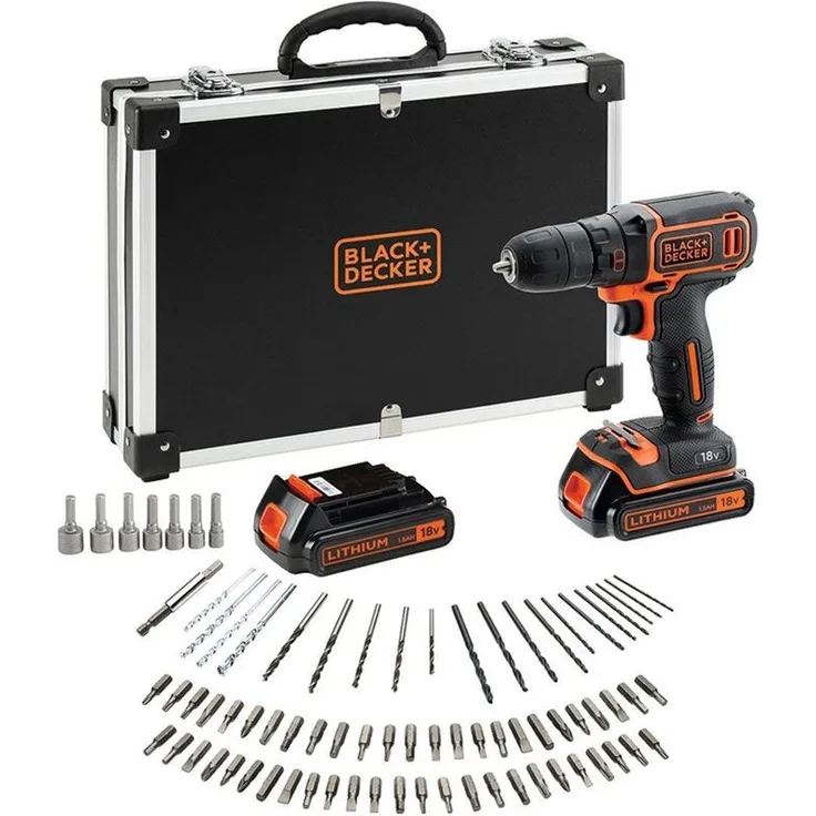 Black+Decker BDCDC18BAFC-QW Bohrschrauber (18V, 2X Li-Ion Schiebe-Akku, Planetengetriebe, LED-Arbeitsleuchte, 1A Ladegerät, 80-TLG. Zubehör im hochwertigen Koffer), 18 V