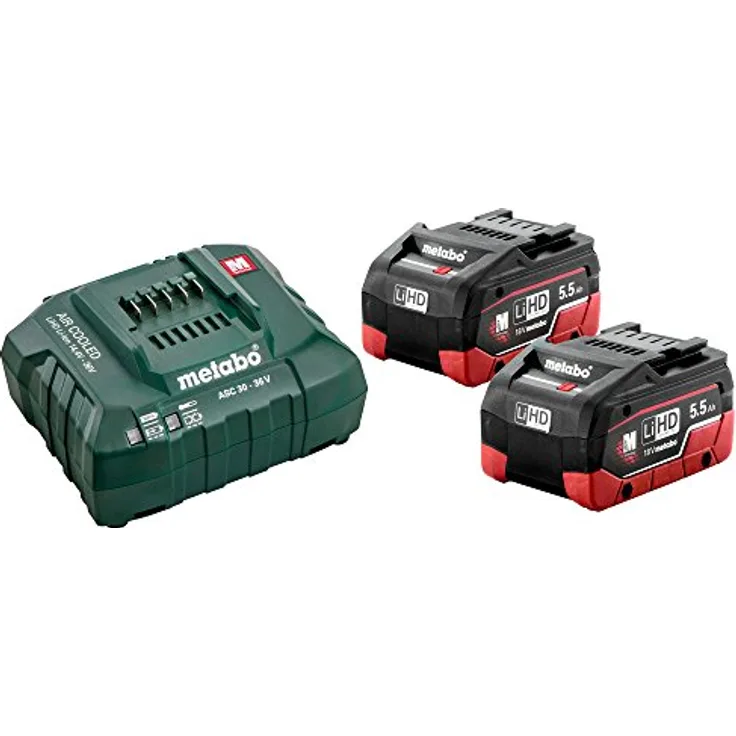 Metabo 2 x Werkzeugakku 18 V / 5,5 Ah + Ladegerät ASC 145 (685122000), Starter-Set