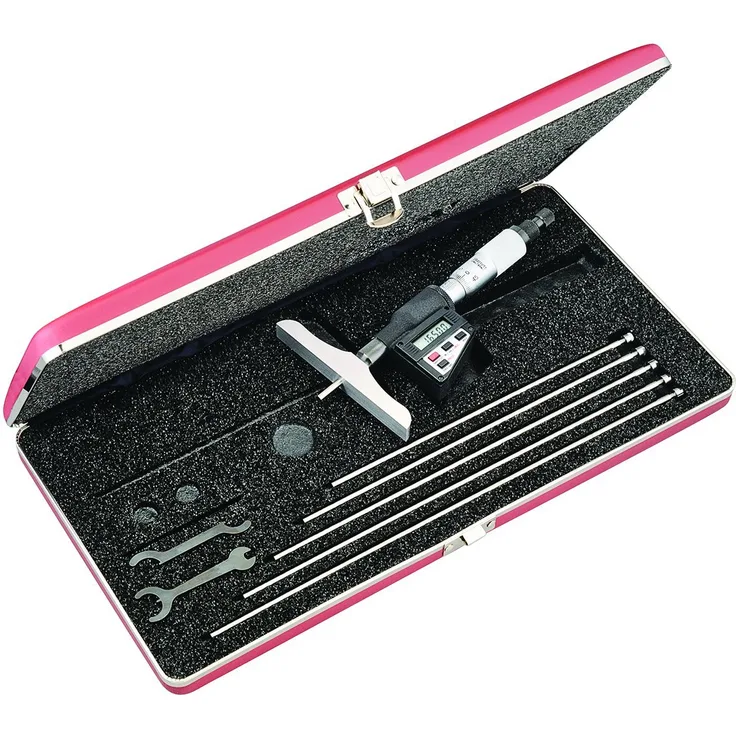 Starrett 749MEBZ-150 Mikrometer LCD Tiefenmesser, 0-150 mm Reichweite, 0,001 mm Graduierung, mit Etui, -0,002 mm Genauigkeit