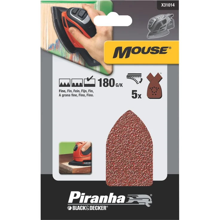 Piranha Mouse Schleifpapier, Körnung 180 (fein gekörnt, mit Klett-Fix, 5 Stück, passend für Kompakt-Mouse) X31014
