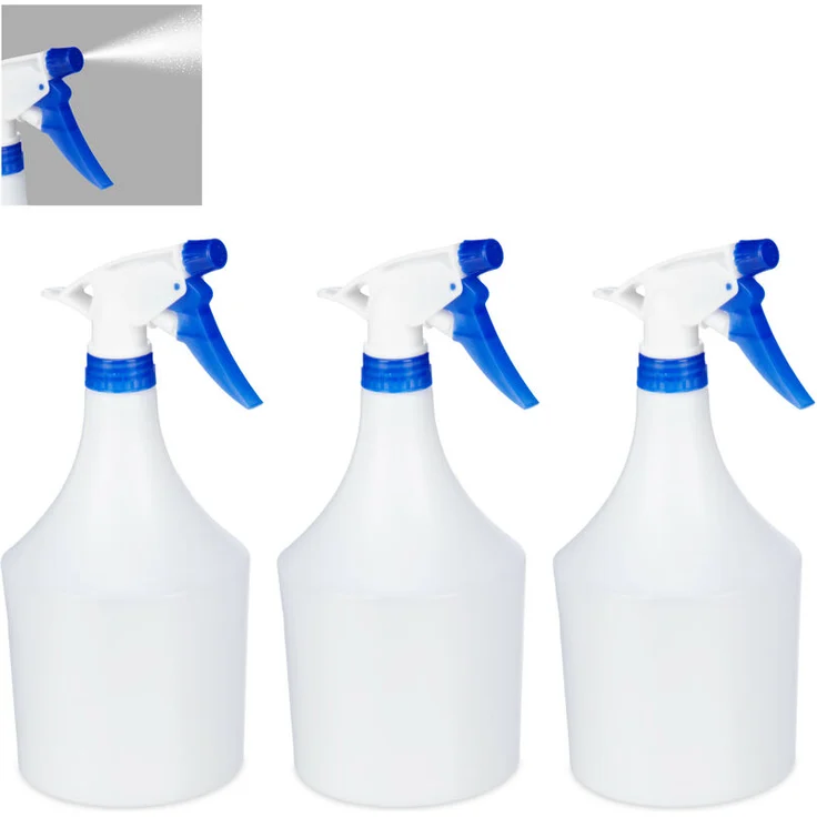 Sprühflasche Pflanzen, 3er Set, einstellbare Düse, 1 Liter, mit Skala, Kunststoff, Blumensprüher, weiß-blau – Bild 1