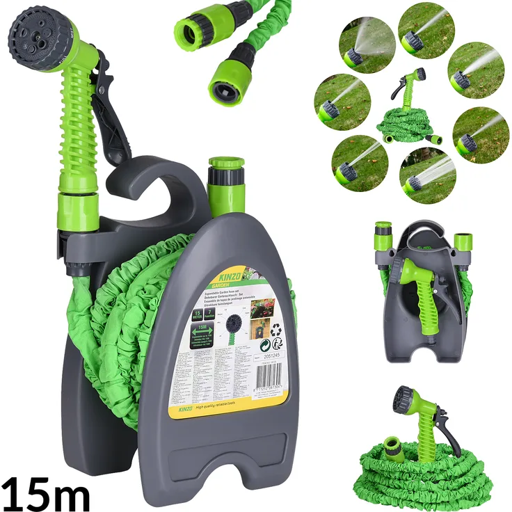 KINZO Dehnbarer Gartenschlauch flexibler 15m mit Aufroller und Gartenbrause 7 Funktionen