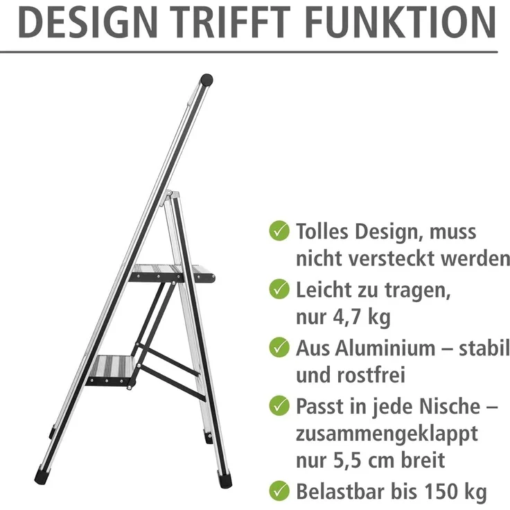 WENKO Leichte Aluminium Trittleiter mit 2 Stufen für 50 cm höheren Stand, rutschsichere XXL-Stufen, Design Klapptrittleiter mit 44 x 101 x 5,5 cm, Süd zertifiziert, matt silber – Bild 3