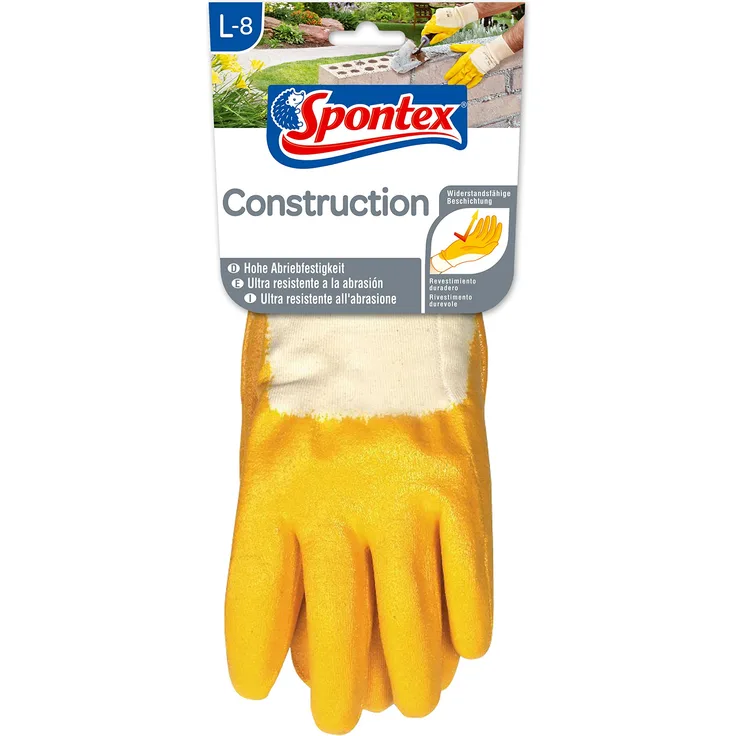 Spontex Construction Arbeitshandschuhe, ideal für grobe Arbeiten im Haus- und Gartenbau, mit Nitrilbeschichtung und Textilstrick, Größe L, 1 Paar