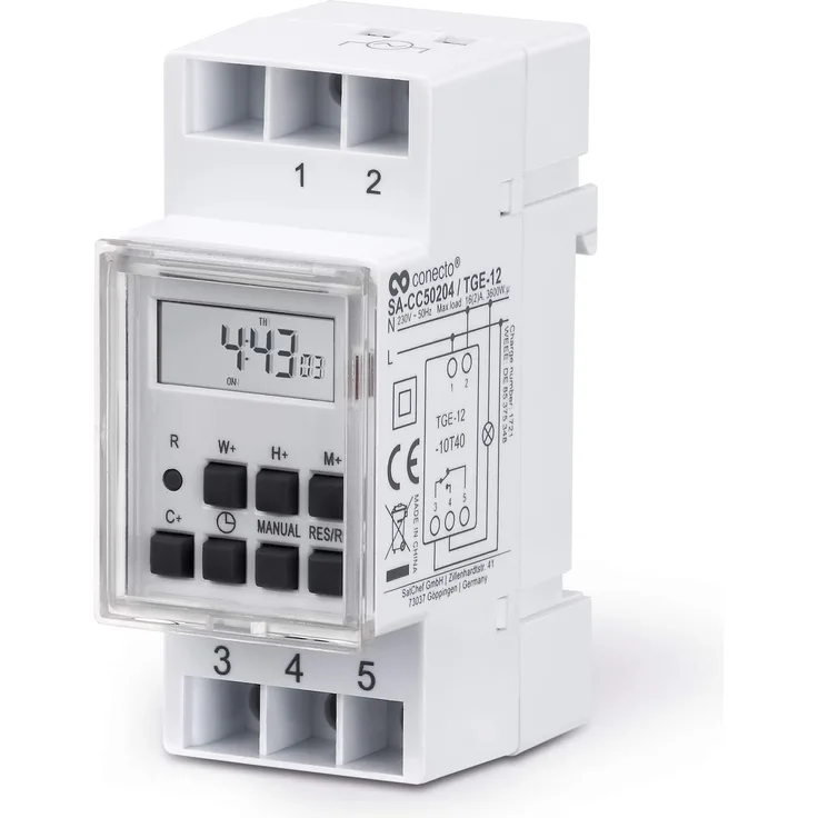 conecto Digitale Zeitschaltuhr für Hutschiene Schalttafel-Einbau | LCD-Display | 10 Schaltprogramme (Wochen--Tages- und Minutenprogramm) | Sommerzeit 12-24h Timer | IP20 | 3600W | weiß