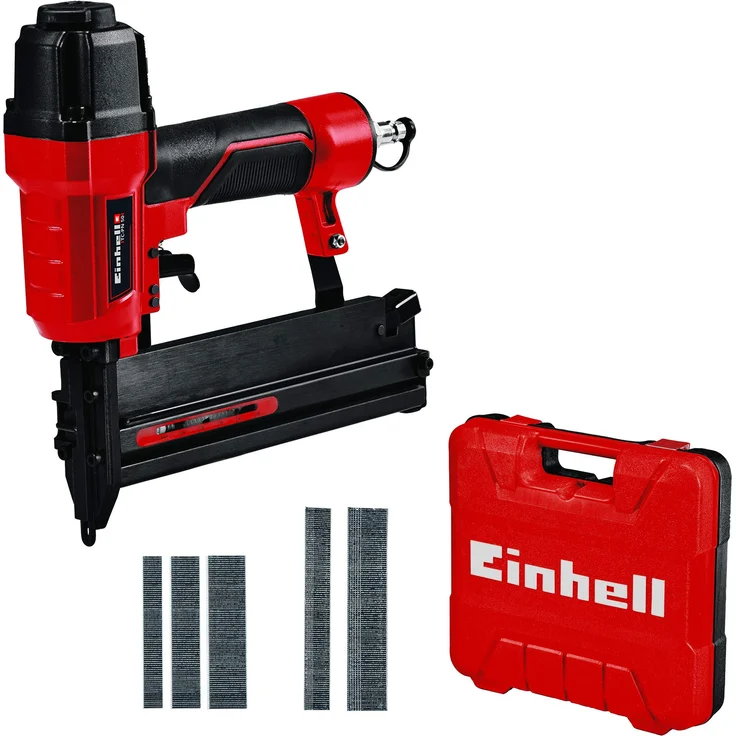 Einhell Druckluft-Tacker TC-PN 50 (2in1-Kombigerät Tacker & Nagler, Sicherheitsnase, inkl. 1.500 Klammern & 2.000 Nägeln, Ölfläschchen (ohne Öl), Stecknippel, Transportkoffer) – Bild 1