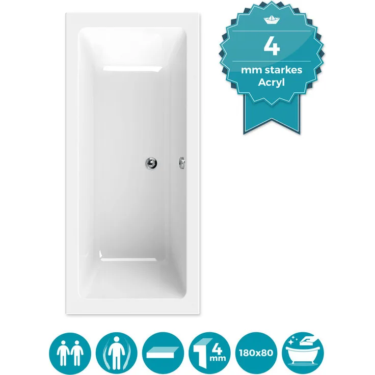Calmwaters Rechteck-Badewanne 180x80 cm, Acrylwanne Modern Select, Duo-Badewanne für zwei Personen, ergonomische Körperformbadewanne, Maße 180 x 80